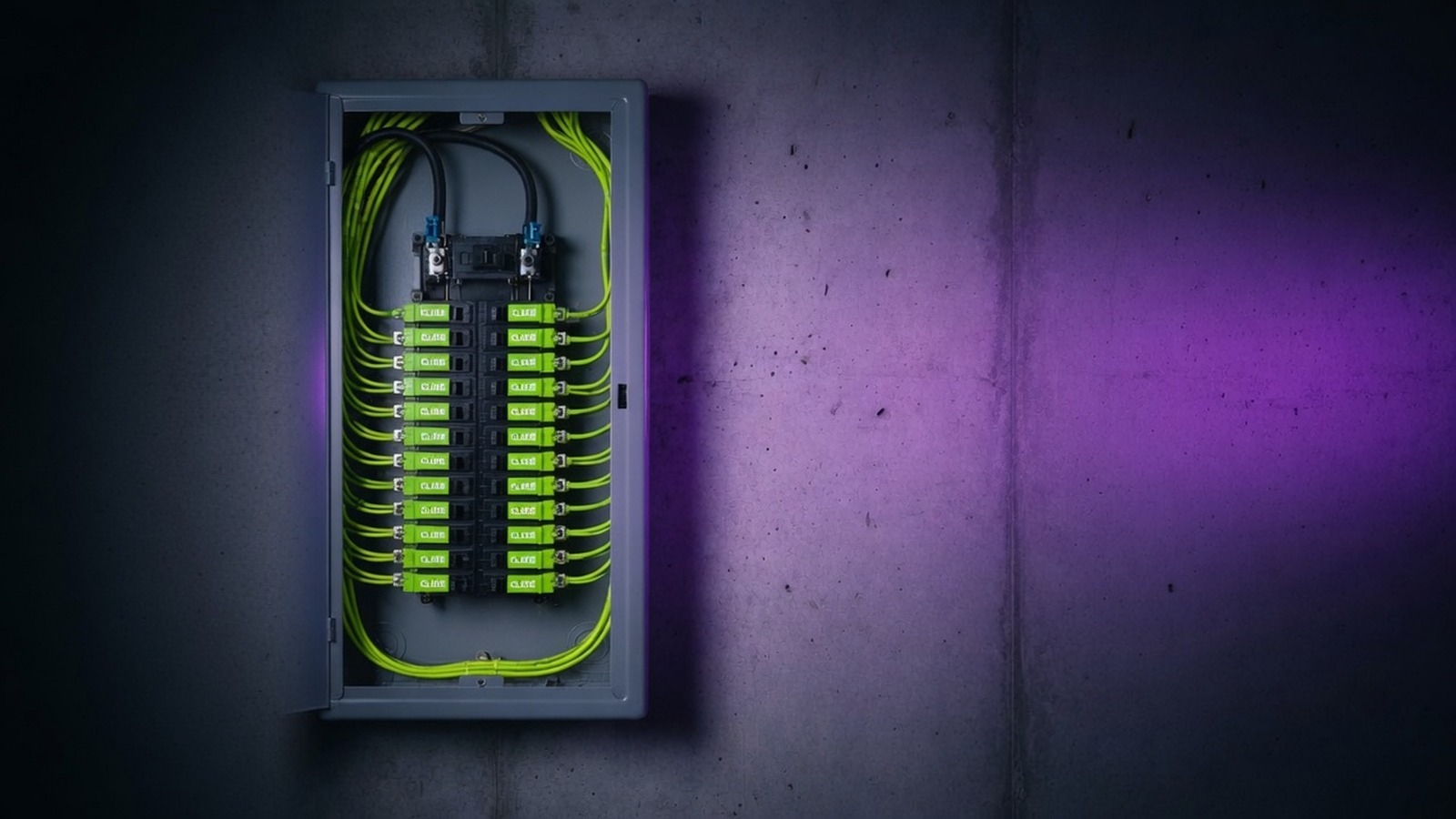 Open electrical panel, live breakers