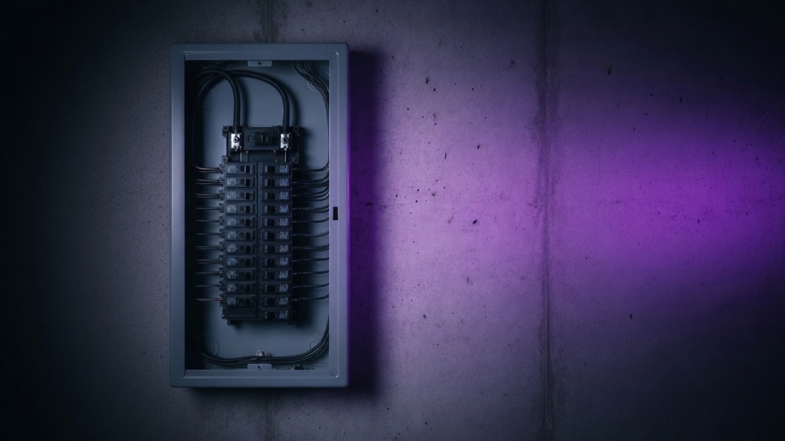 Open electrical panel, live breakers